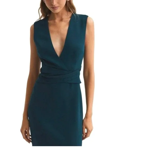 Anthropologie BHLDN Teal V Neck Sleeveless Wrap Waist Bow Back Midi Dress Size 4 - Picture 4 of 16